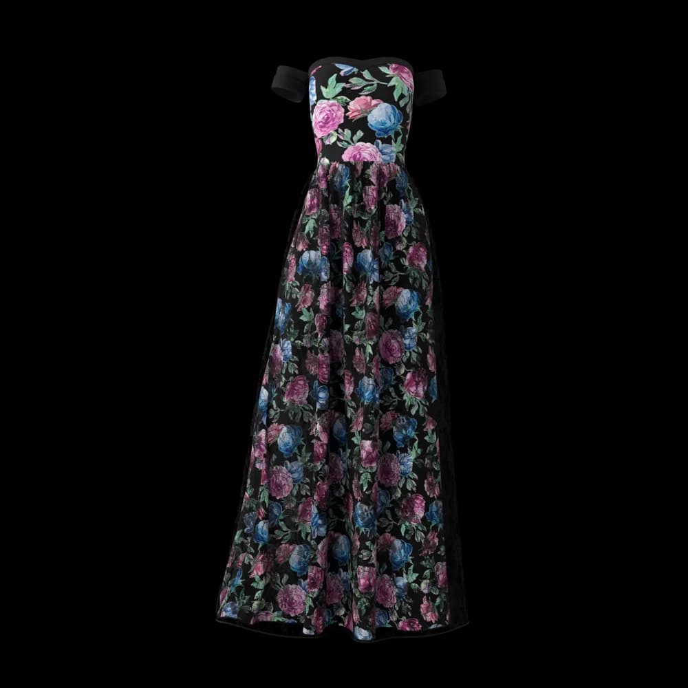 Black floral off-shoulder evening gown